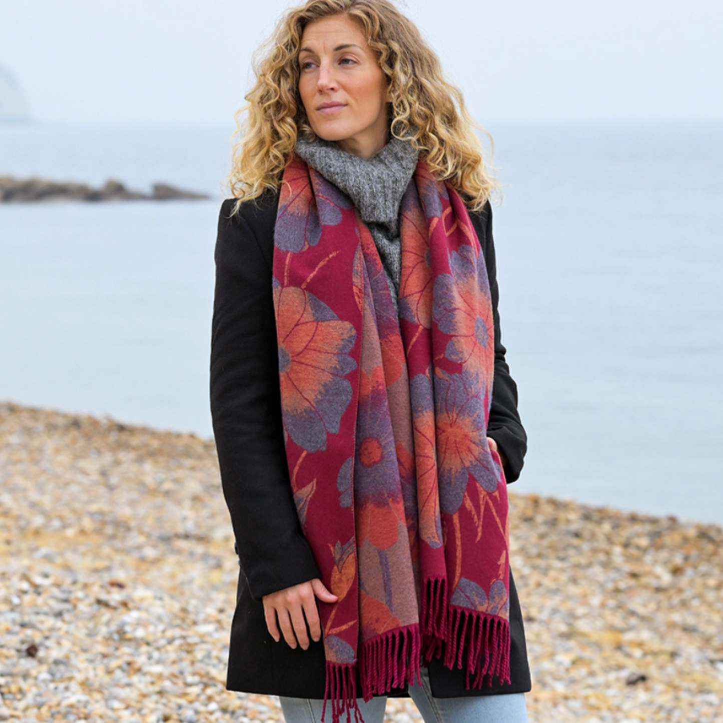 POM Wine Mix Floral Blanket Scarf (Reversible)