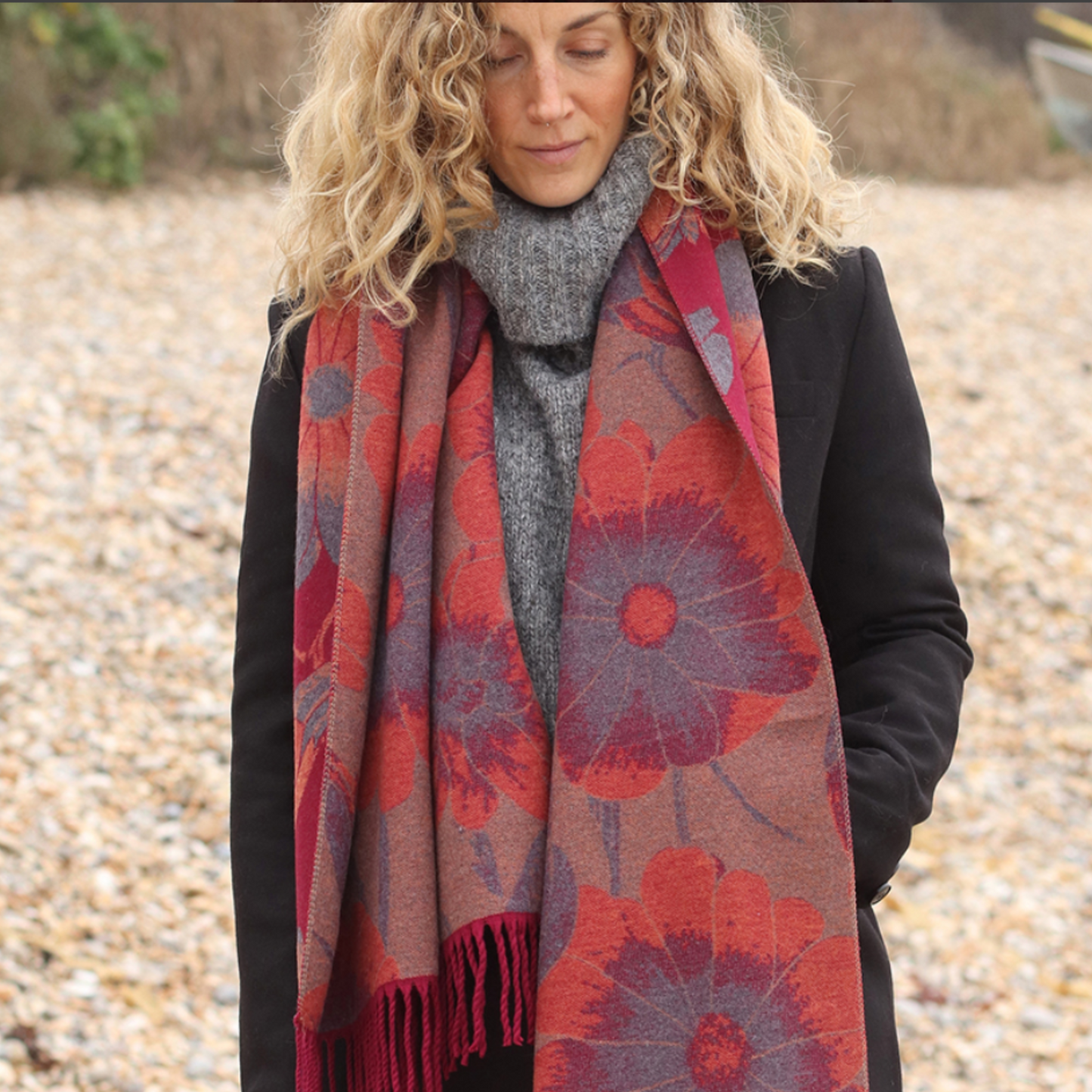 POM Wine Mix Floral Blanket Scarf (Reversible)