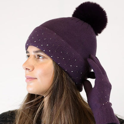 POM Aubergine Embellished Bobble Hat