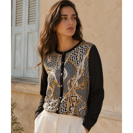 Black & Gold Chain Print Button Cardigan Lightweight Long Sleeve Knit