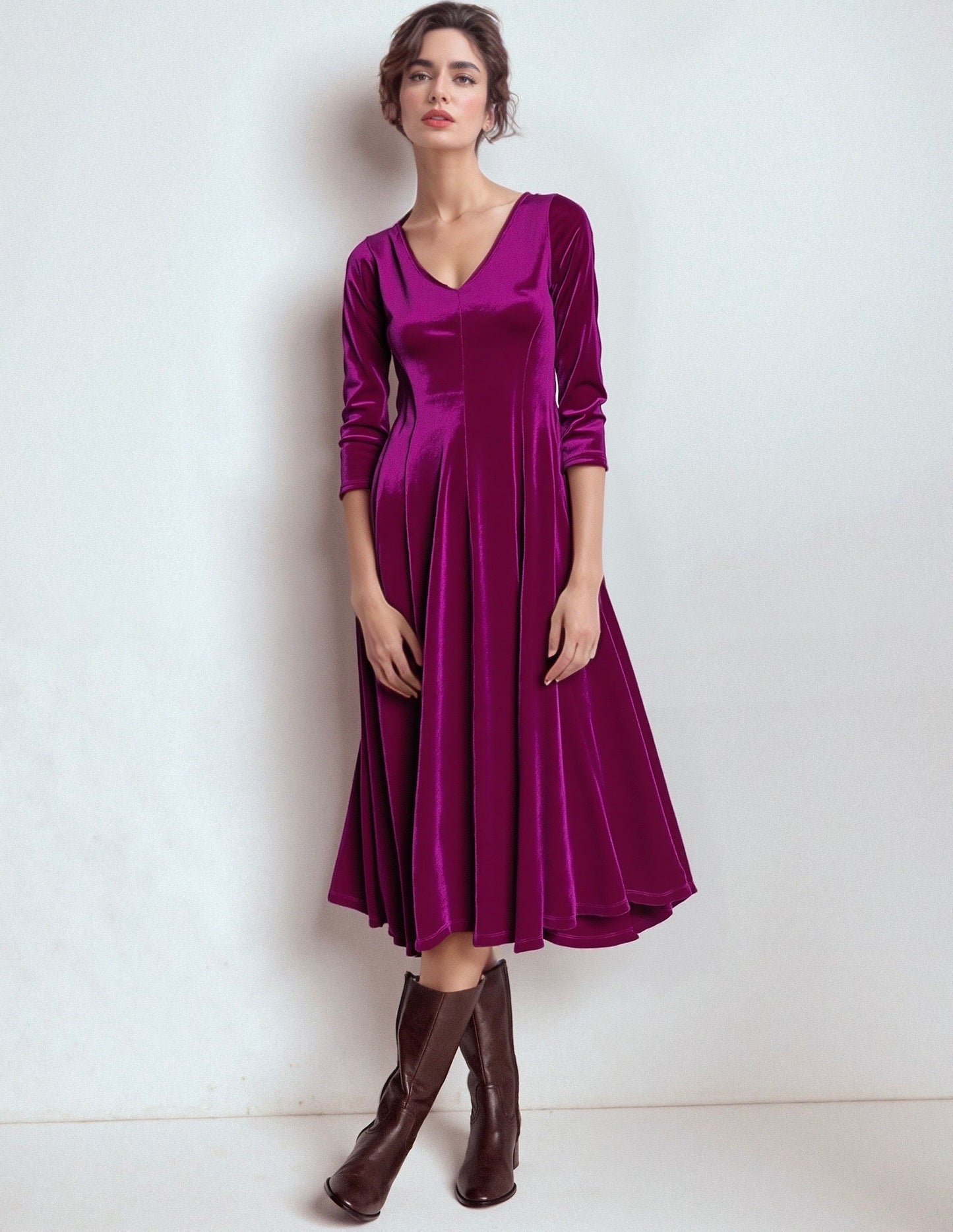 Una Magenta Velvet Flared Midi Dress