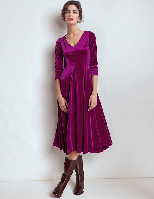 Una Magenta Velvet Flared Midi Dress