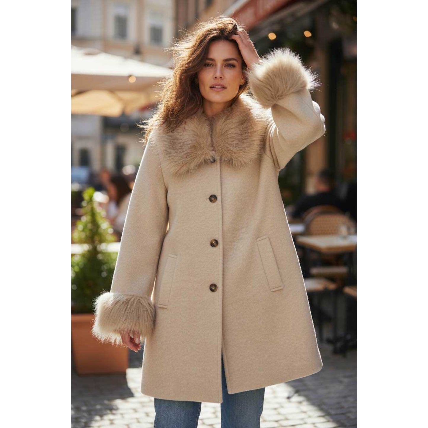 Jessica Coat Fur Trim Beige