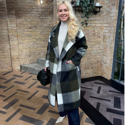 Checked Oversized Wool Coat Khaki Green & Cream