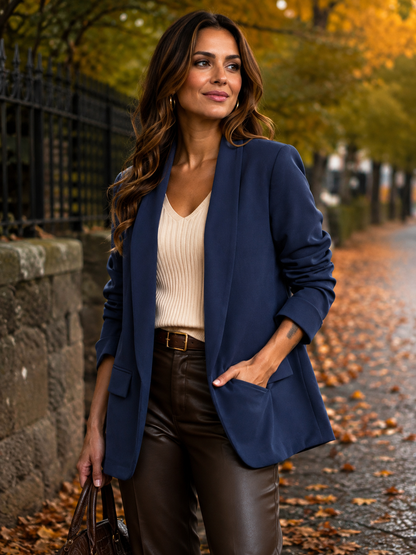 Navy Blue Ruched Sleeve Blazer One Size
