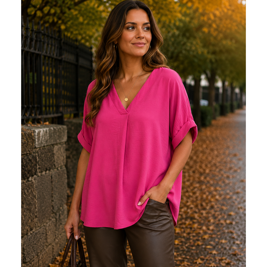 Fuschia Pink V Neck Relaxed Top