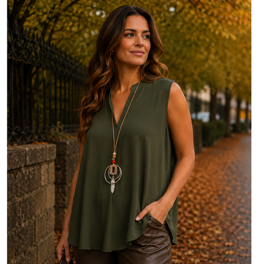 Olive Green Sleeveless V-Neck Swing Top with Necklace