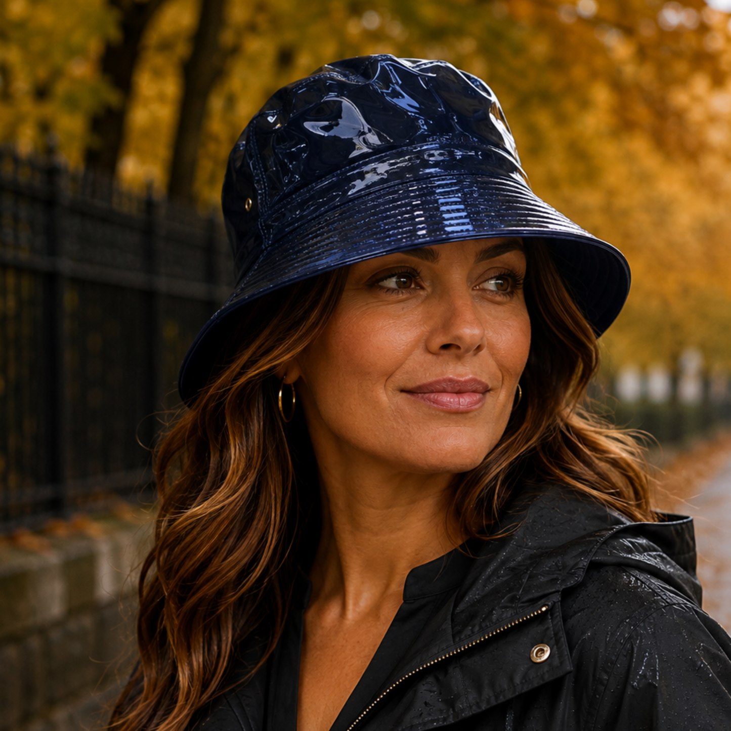 Reversible Rain Hat Navy Patent & Cotton Bucket Hat