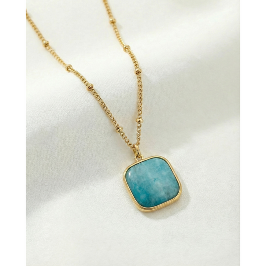 Gold Square Pendant Necklace Turquoise Insert