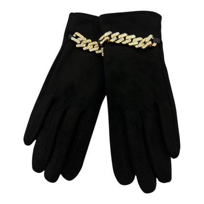 Black Suedette Gloves Gold/Jewelled Chain