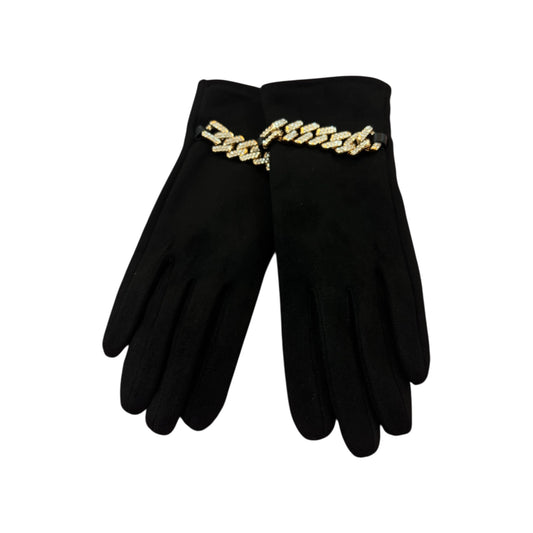 Black Suedette Gloves Gold/Jewelled Chain
