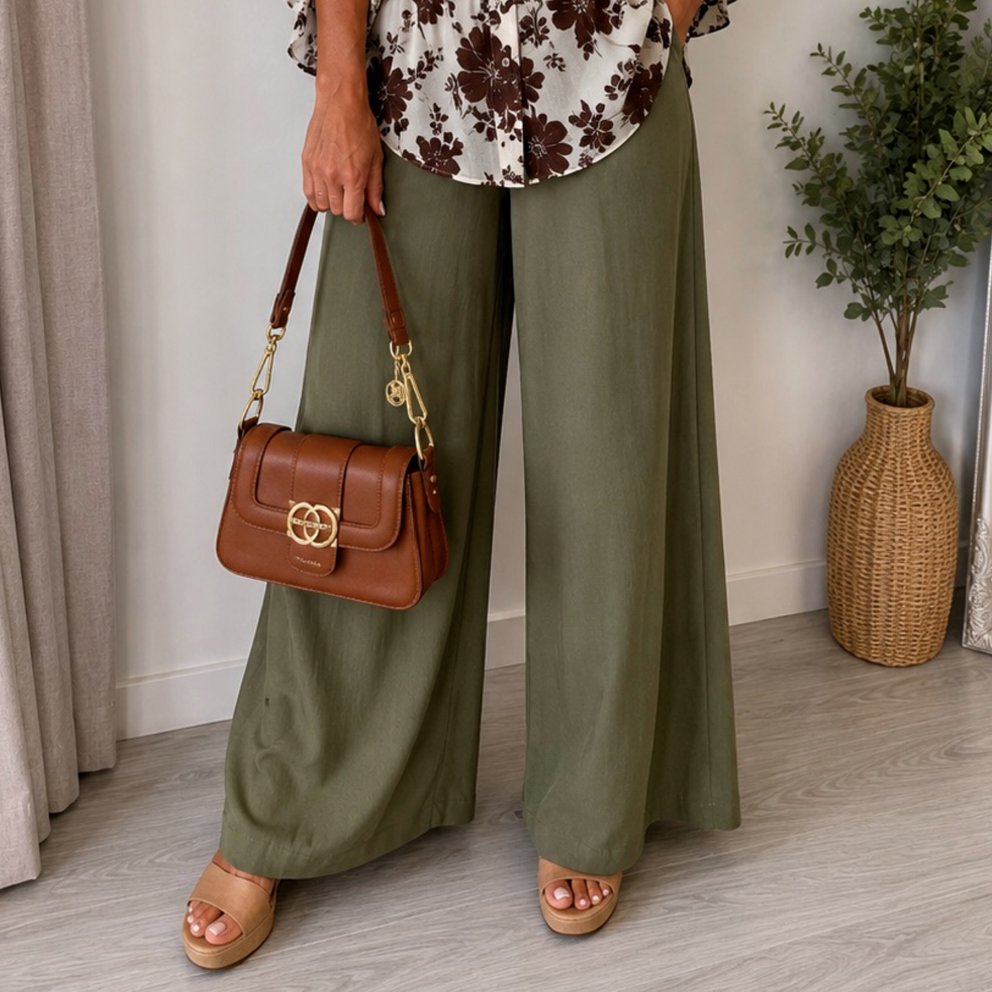 Elasticated One Size Wide Leg Trousers Khaki Green