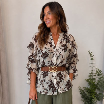Autumn Bloom Ruffle Blouse Cream Floral (Sizes 8-22)