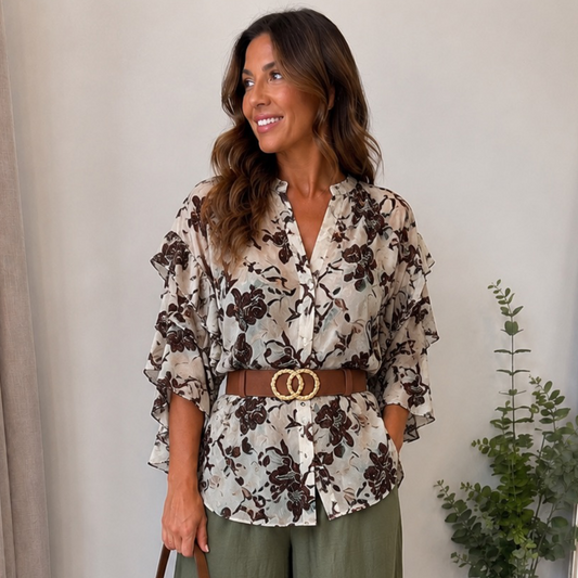 Autumn Bloom Ruffle Blouse Cream Floral (Sizes 8-22)