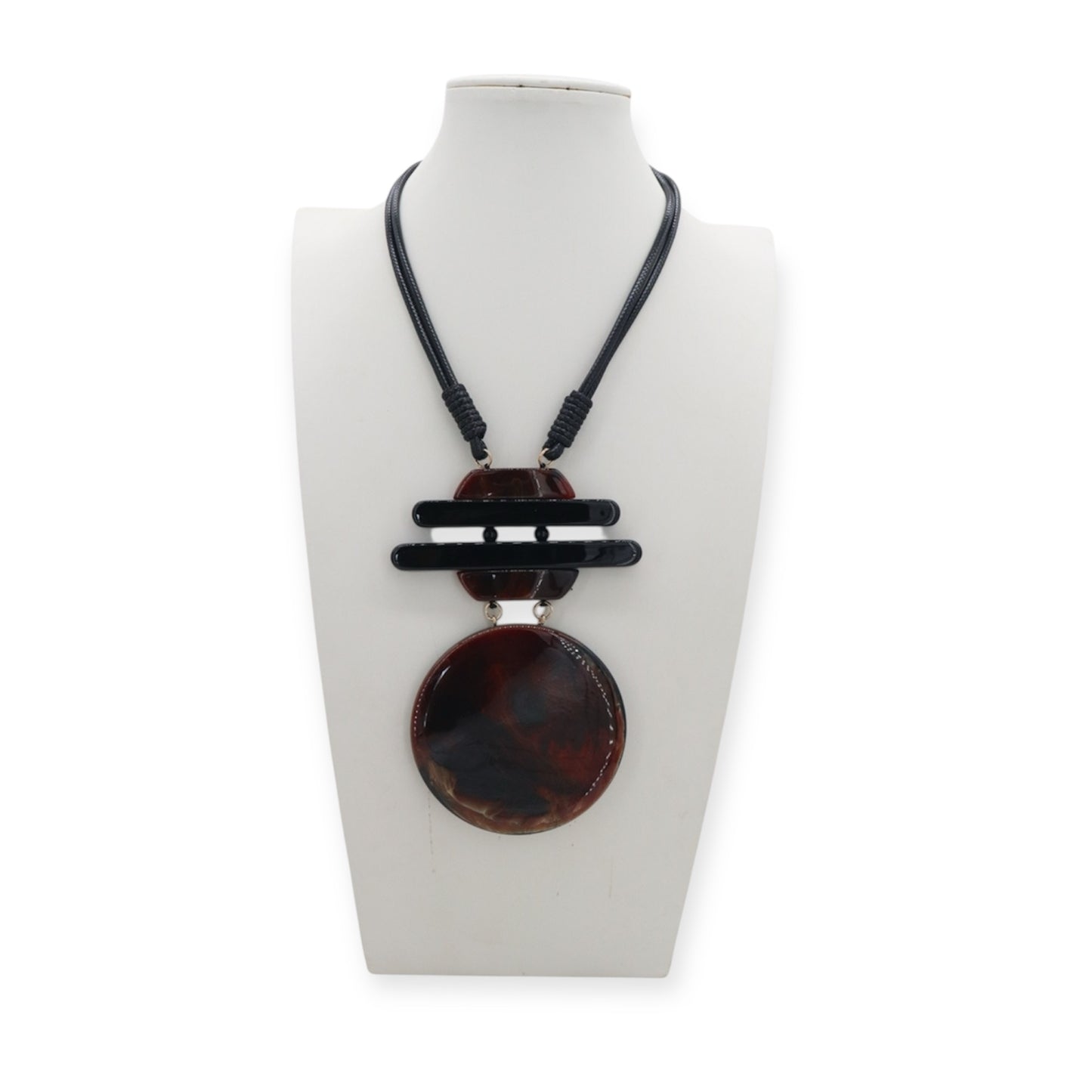 Statement Chord Necklace Brown Circular Pendant