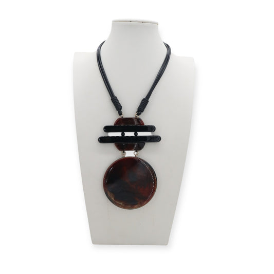 Statement Chord Necklace Brown Circular Pendant