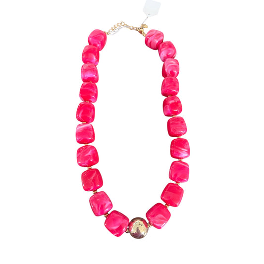 Fuschia Pink Resin Cubed & Gold Ball Necklace