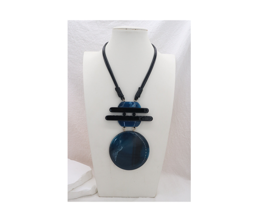 Statement Chord Necklace Blue Circular Pendant