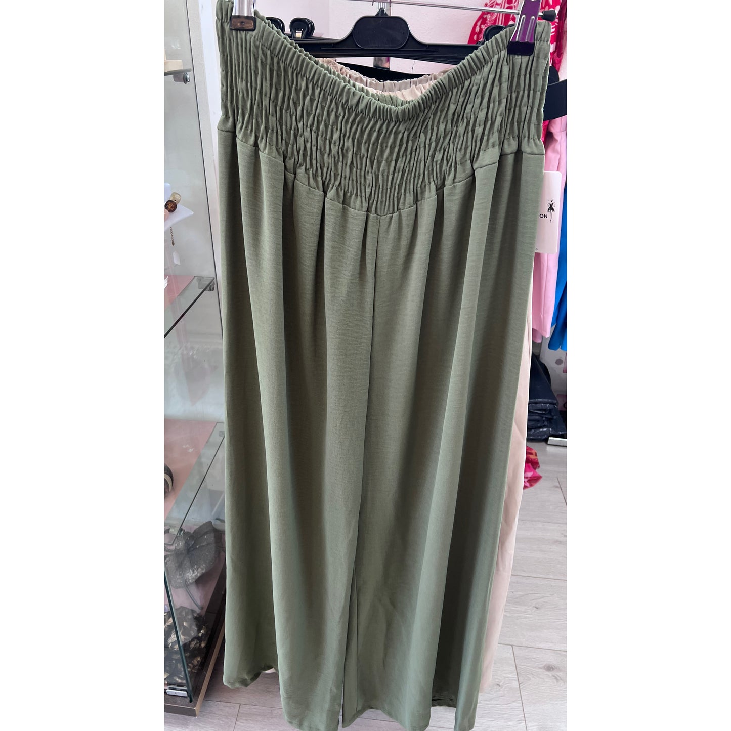 Elasticated One Size Wide Leg Trousers Khaki Green