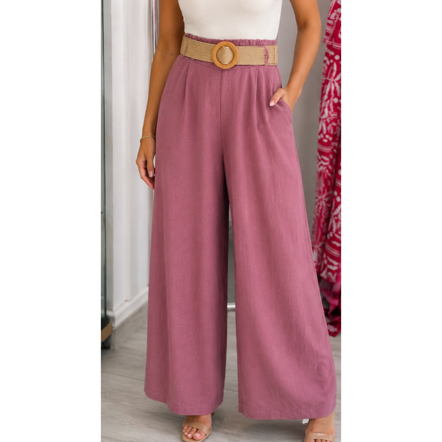 Mauve Straight Leg Trousers Woven Belt (One Size)