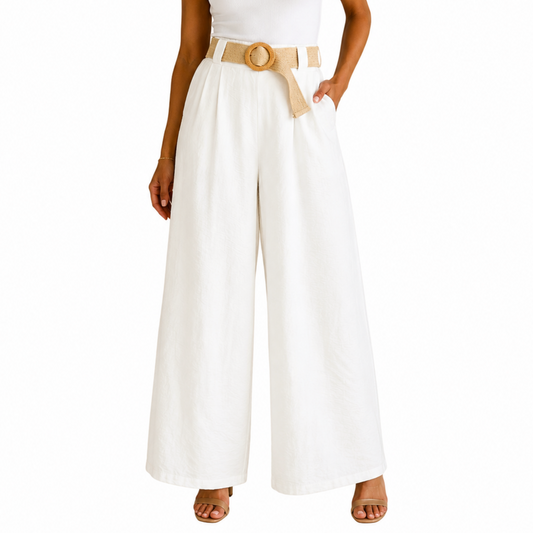 Off White Straight Leg Trousers Woven Belt (One Size)