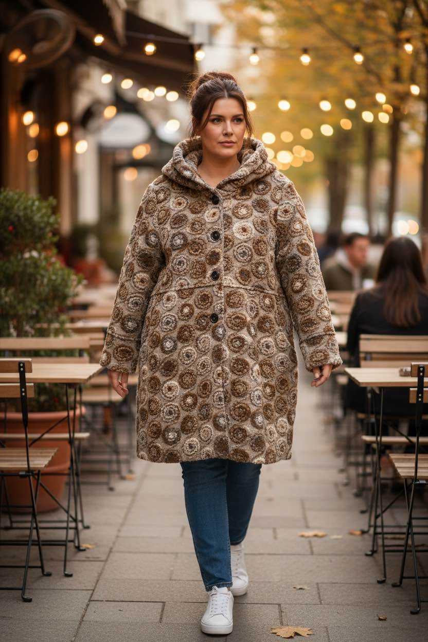 Oversized Hooded Coat Beige Swirls