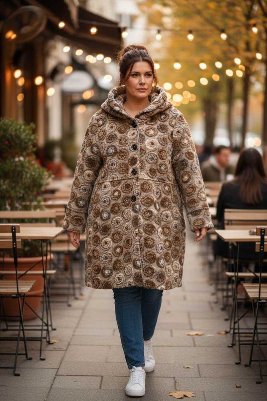 Oversized Hooded Coat Beige Swirls