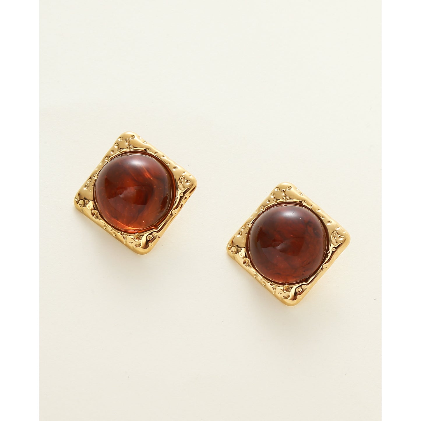 Gold Square Statement Earrings Brown Centre