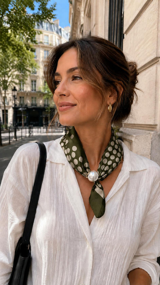 Magnetic Pearl Clasp neck Scarf Khaki & Cream Polka