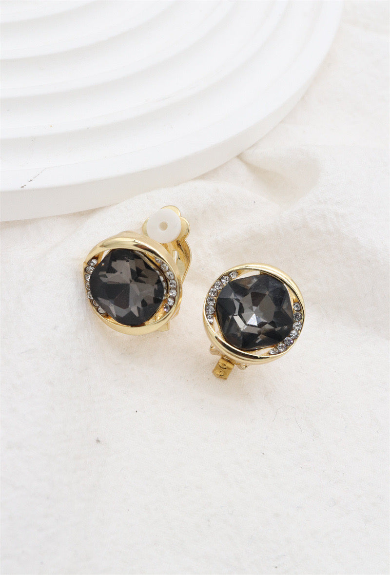 Clip On Earrings Grey Crystal & Gold