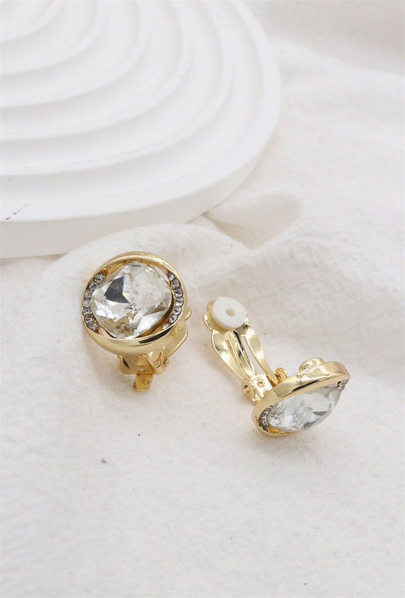 Clip On Earrings Clear Crystal & Gold