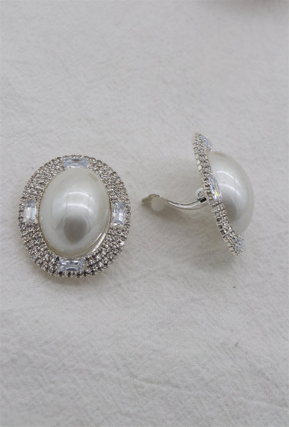 Large Oval Clip On Earrings Pearl & Clear Crystal