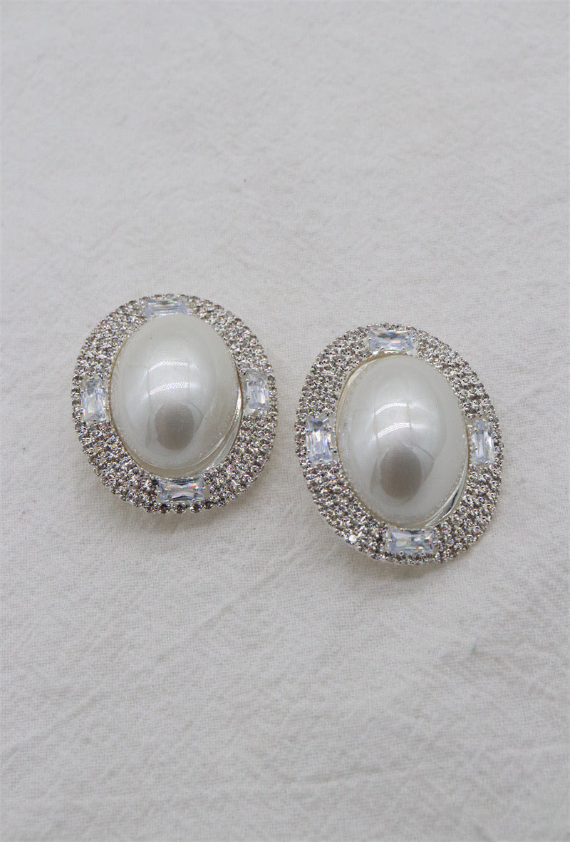 Large Oval Clip On Earrings Pearl & Clear Crystal