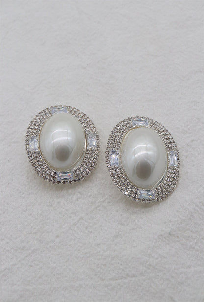 Large Oval Clip On Earrings Pearl & Clear Crystal