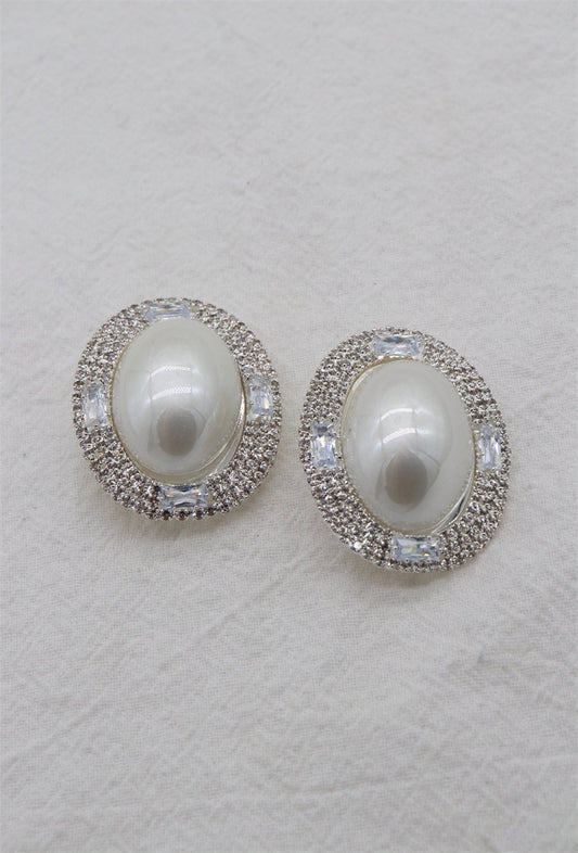 Large Oval Clip On Earrings Pearl & Clear Crystal