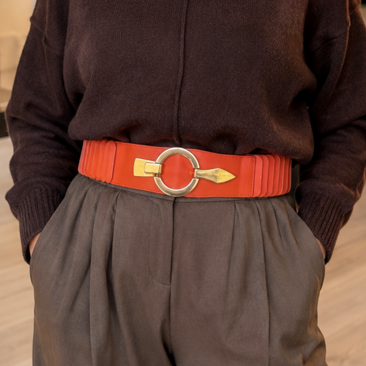 Orange Elasticated Leatherette Belt Gold Buckle