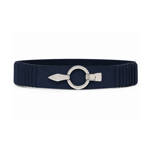 Navy Stretch Leatherette Belt Silver Buckle