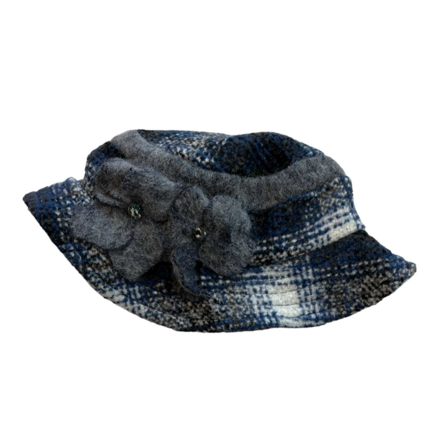 Navy & Grey Checked Hat Flower Detail