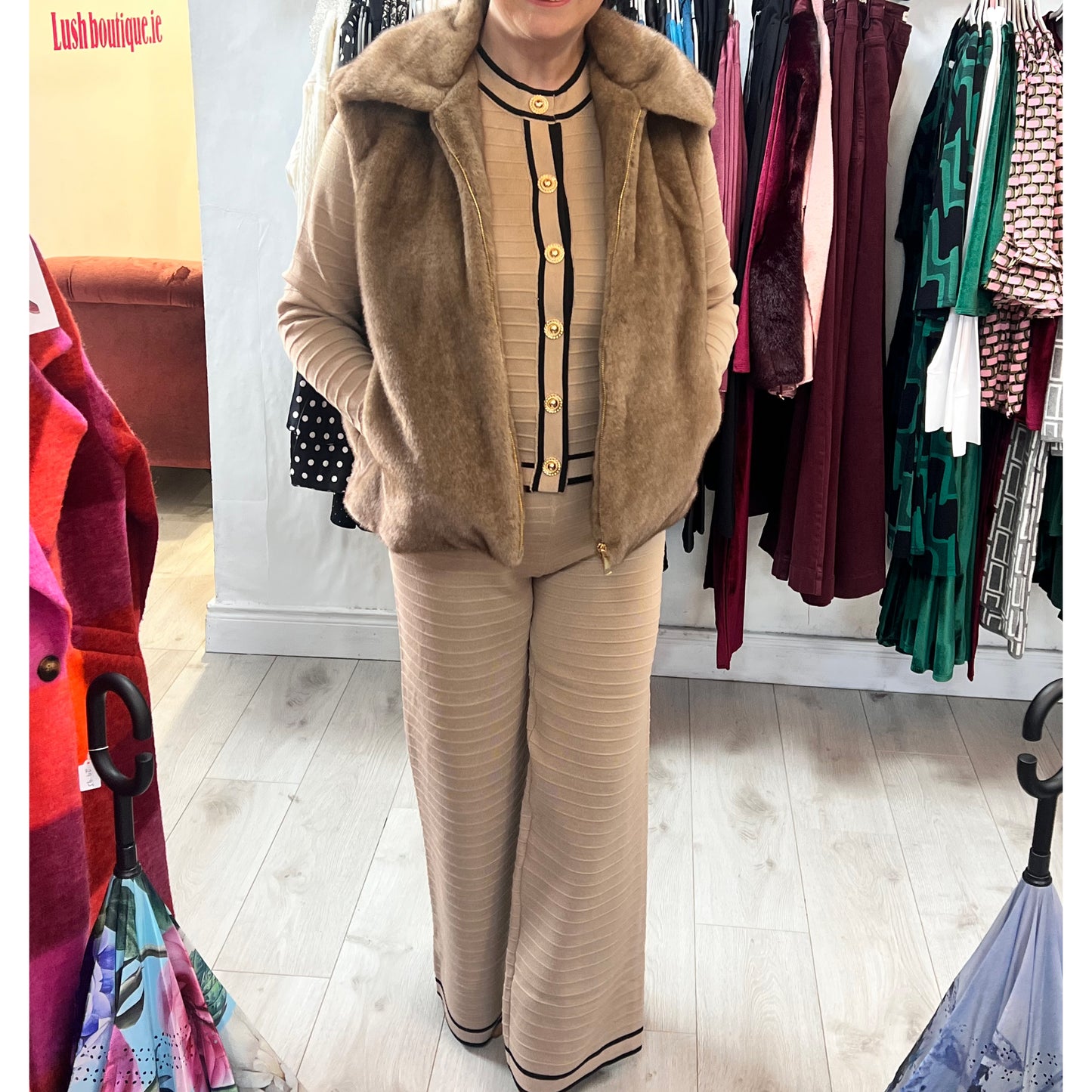 Zoe Camel/Black Gold Button Co-Ord