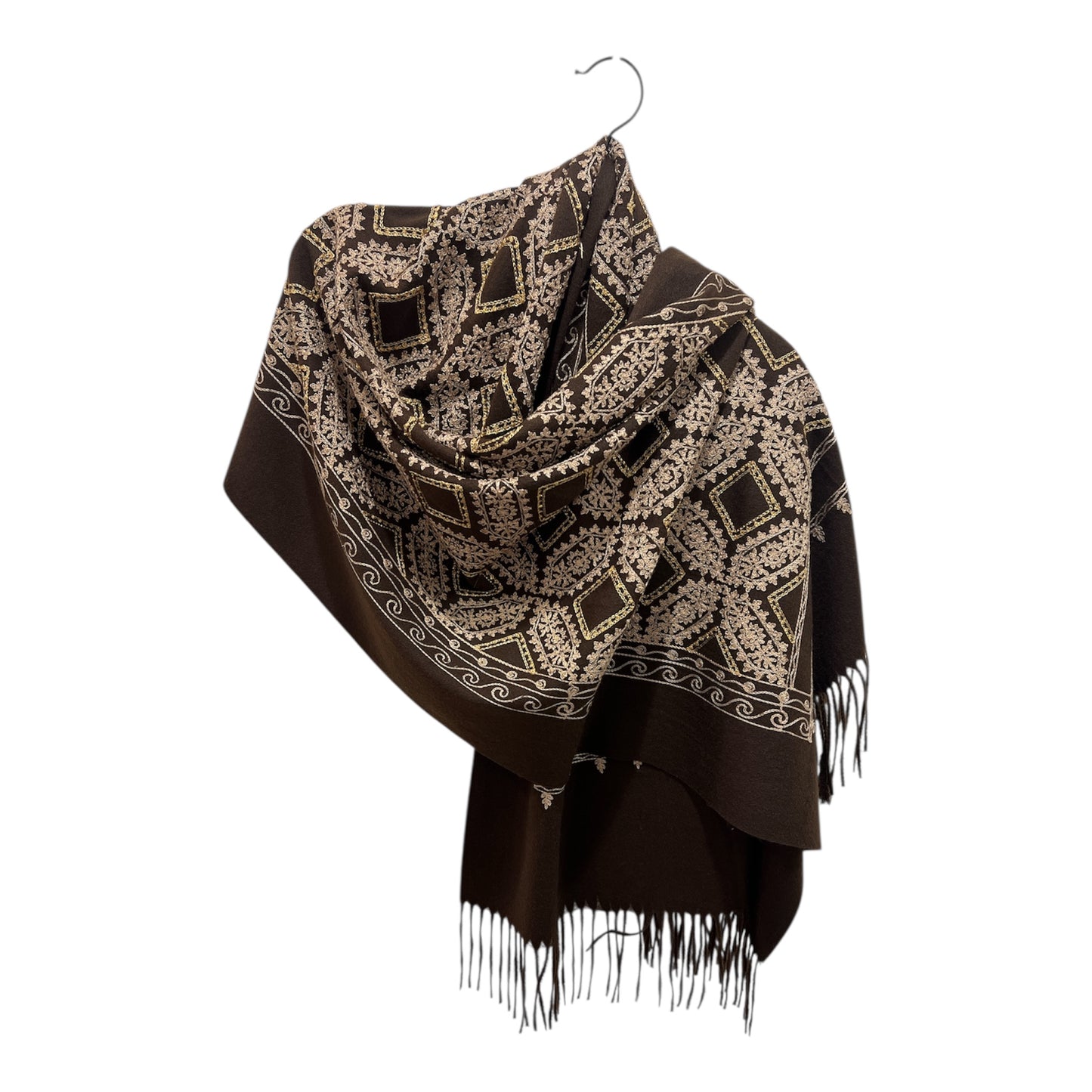 Chocolate Brown Beige Embroidered Pashmina Gold Thread