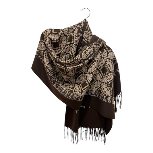 Chocolate Brown Beige Embroidered Pashmina Gold Thread