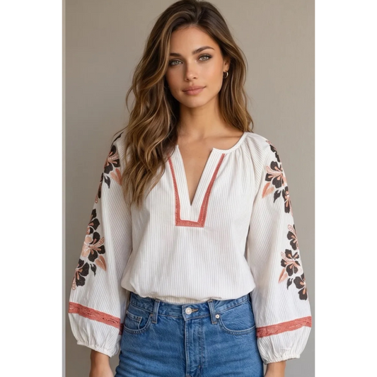 Sienna Embroidered Cotton Boho Top – Cream, Coral & Brown