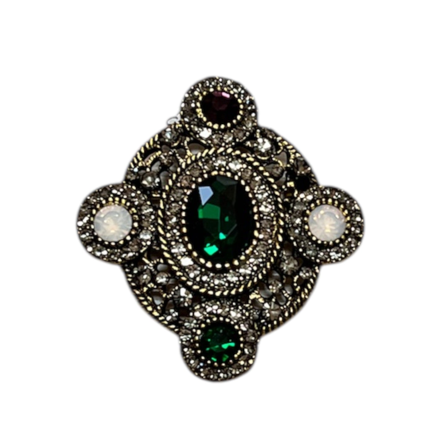 Vintage Style Brooch Gold Green & Purple Jewels