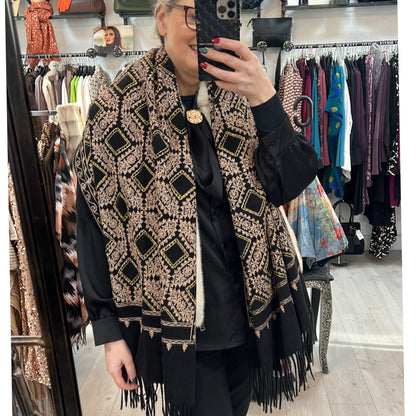 Black Embroidered Pashmina Beige & Gold Threading