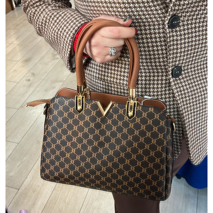 Chocolate Brown & Tan Handbag Gold Trim
