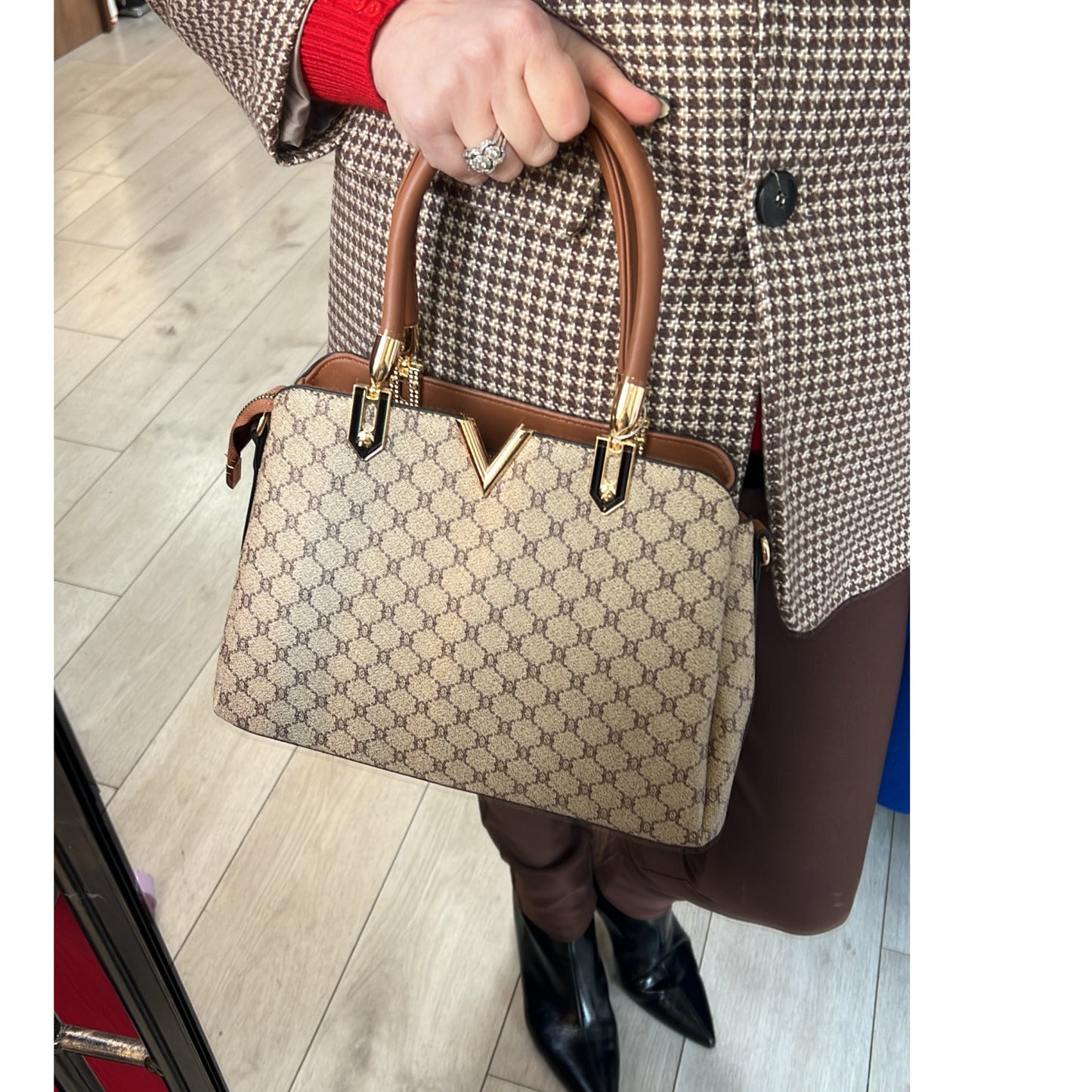 Beige & Tan Handbag Gold V