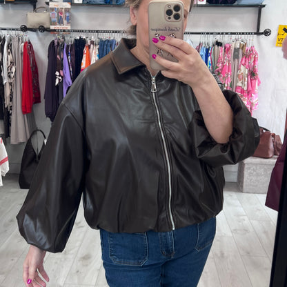 Dark Brown Faux Leather Zip Jacket (8-16)
