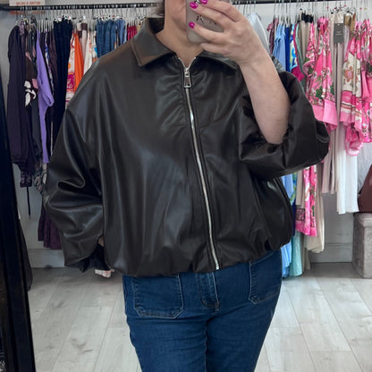Dark Brown Faux Leather Zip Jacket (8-16)