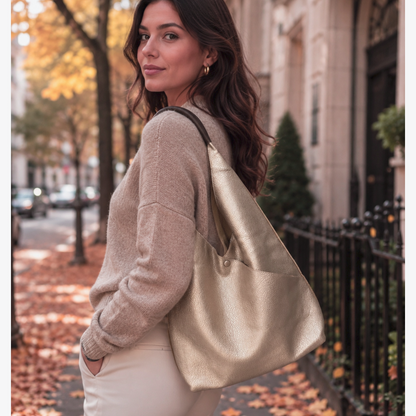 Light Taupe Metallic Soft Leatherette Shoulder Bag