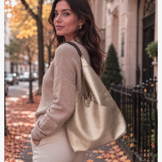 Light Taupe Metallic Soft Leatherette Shoulder Bag